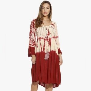 Tie-Dye Boho Midi Dress in Cream & Burgundy